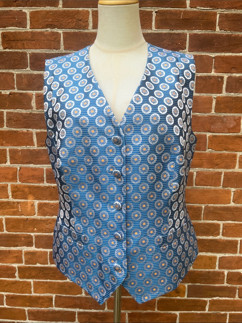 Vintage Escada Silk Blue and White Floral Geometric Vest Margaretha Ley